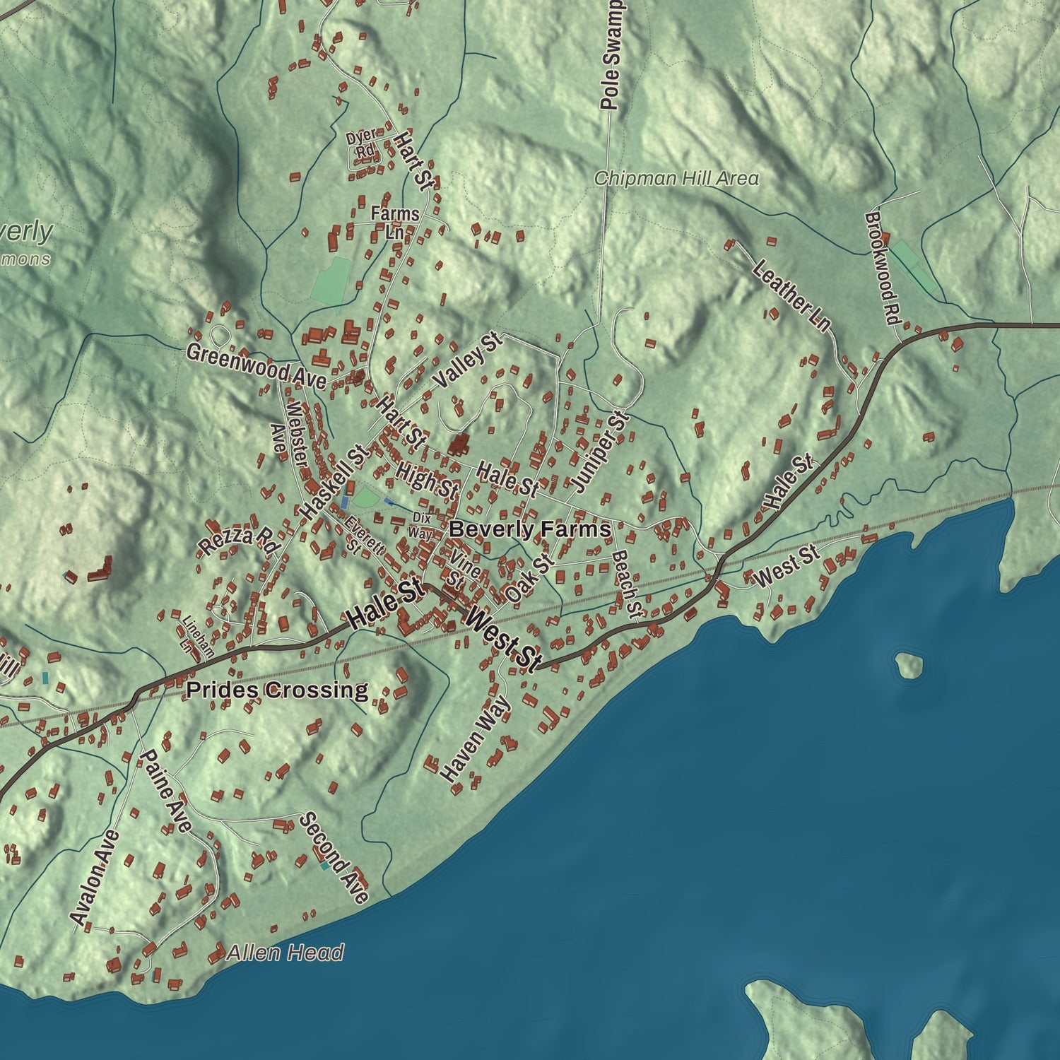 Local terrain and geography detail from the Beverly, Massachusetts map