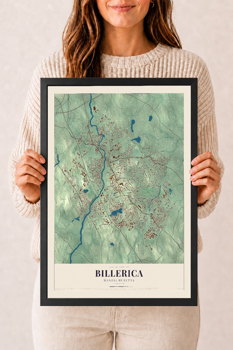 Billerica, Massachusetts map print - 12 x 18 black Ayous wood frame
