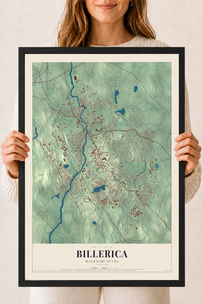 Billerica, Massachusetts map print - 18 x 24 black Ayous wood frame