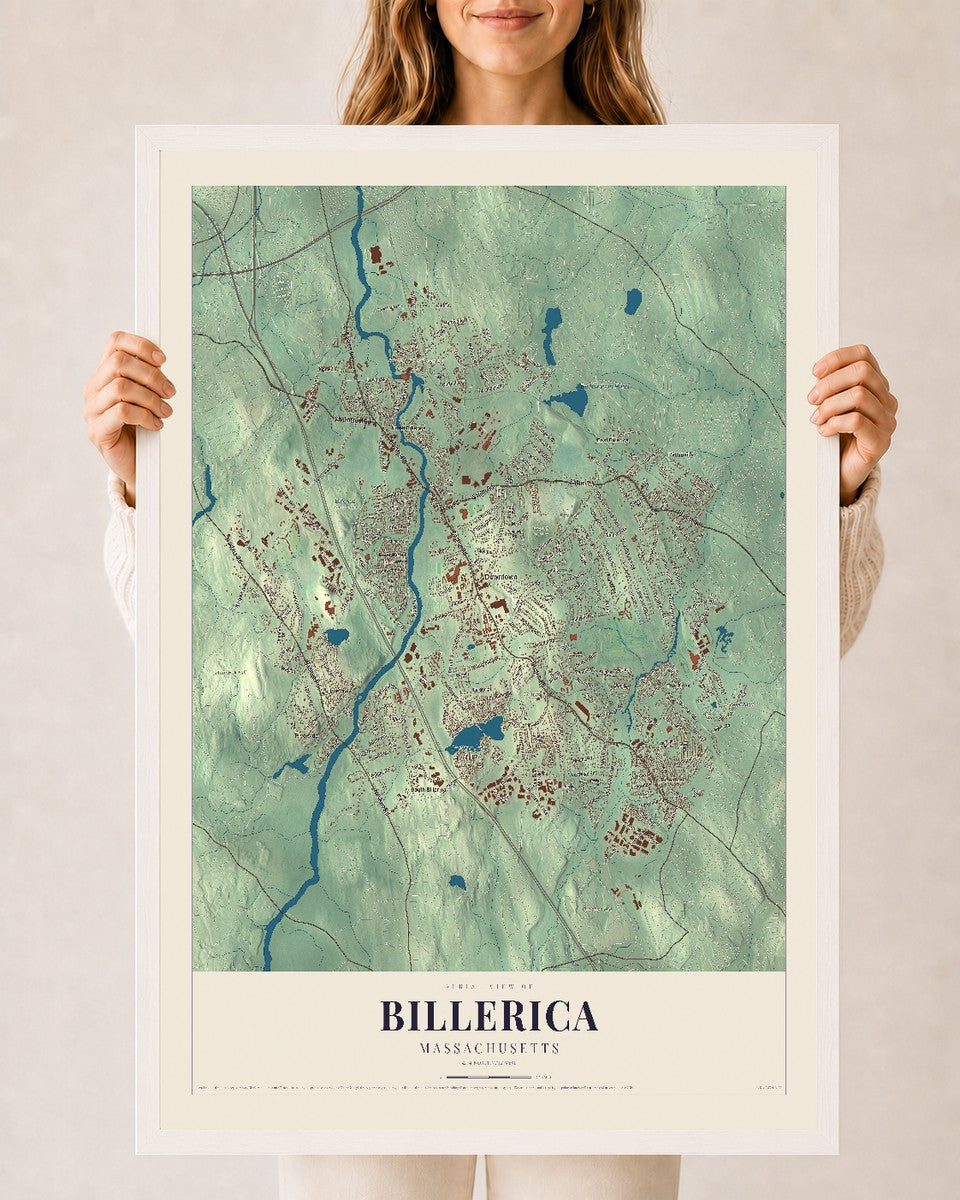Billerica, Massachusetts map print - 24 x 36 white Ayous wood frame