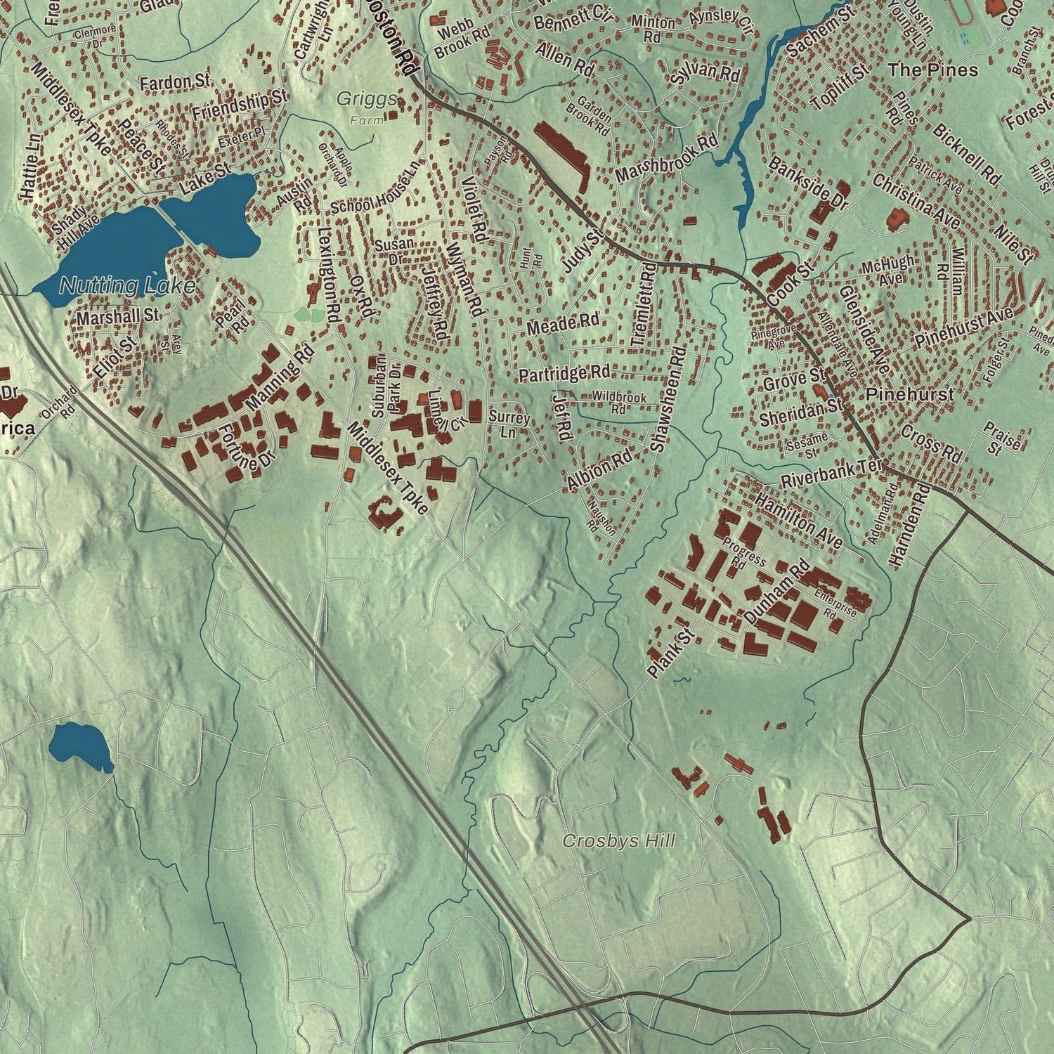 Terrain and local geography detail from the Billerica, Massachusetts map