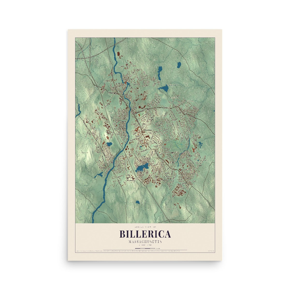 Map of Billerica, Massachusetts, 12 x 18 inch unframed archival matte print