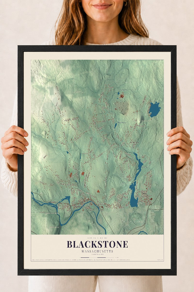 Blackstone, Massachusetts map print - 18 x 24 black Ayous wood frame