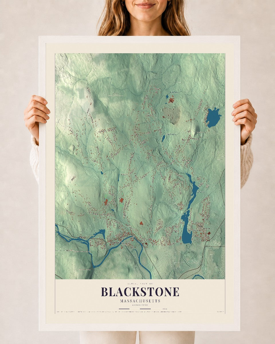 Blackstone, Massachusetts map print - 24 x 36 white Ayous wood frame