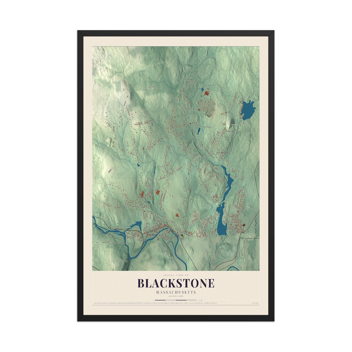 Map of Blackstone, Massachusetts, 12 x 18 inch print in a black wood frame