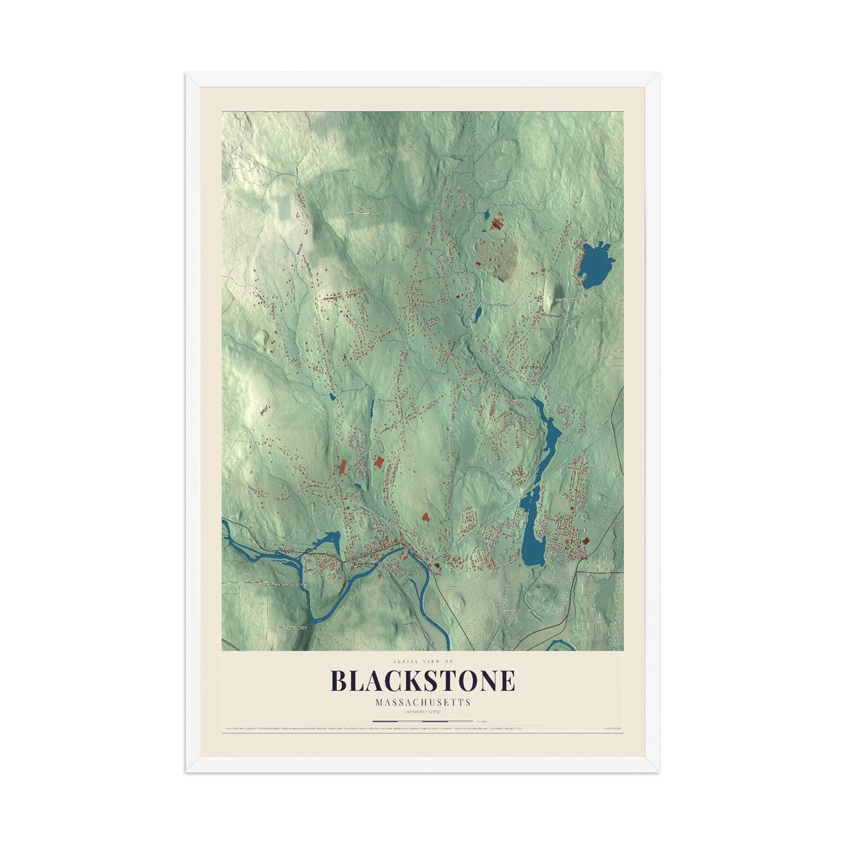 Map of Blackstone, Massachusetts, 12 x 18 inch print in a white wood frame