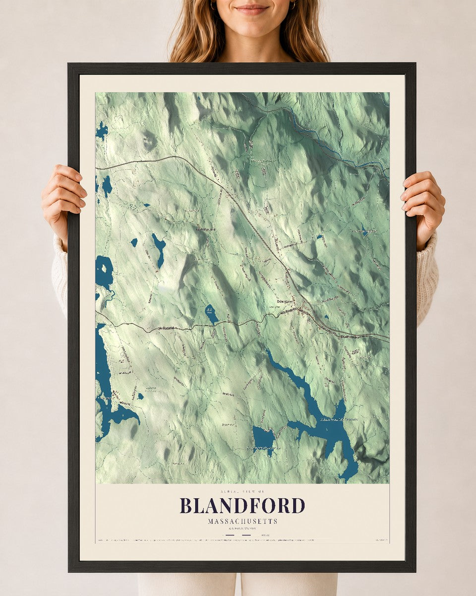 Blandford, Massachusetts map print - 24 x 36 black Ayous wood frame