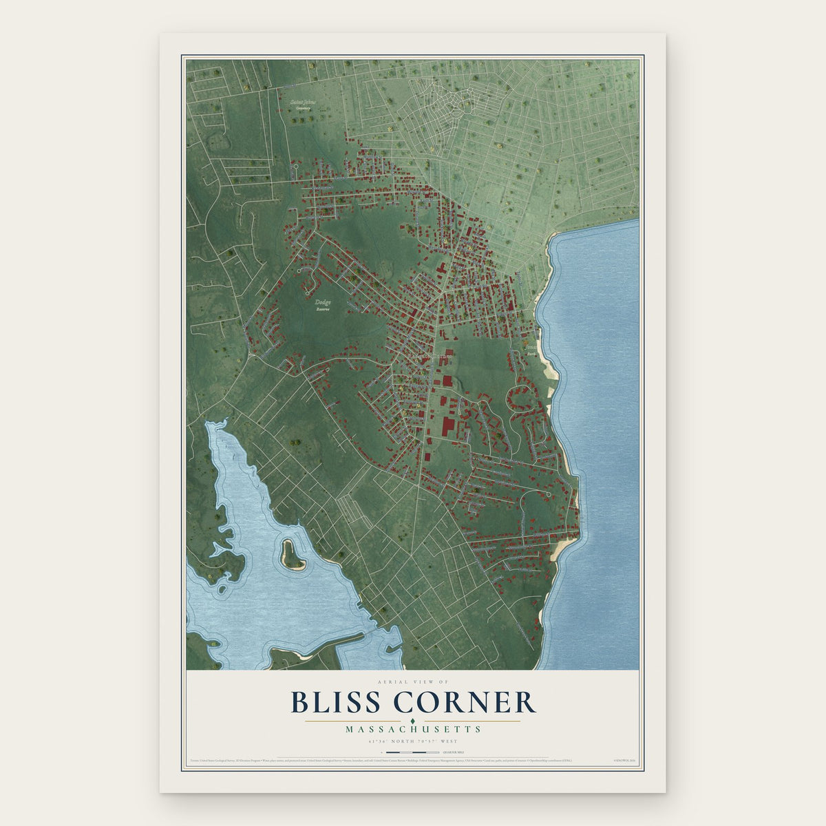 Bliss Corner, Massachusetts map print, the full design