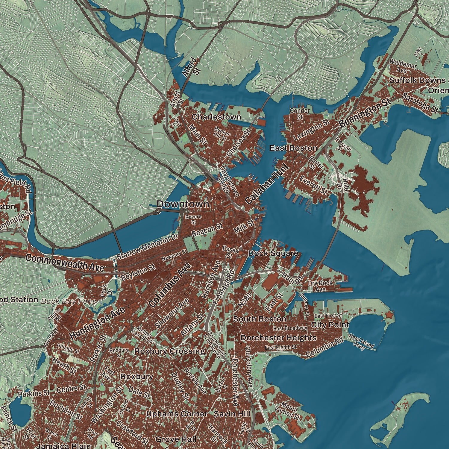 Street and neighborhood detail from the Boston, Massachusetts map