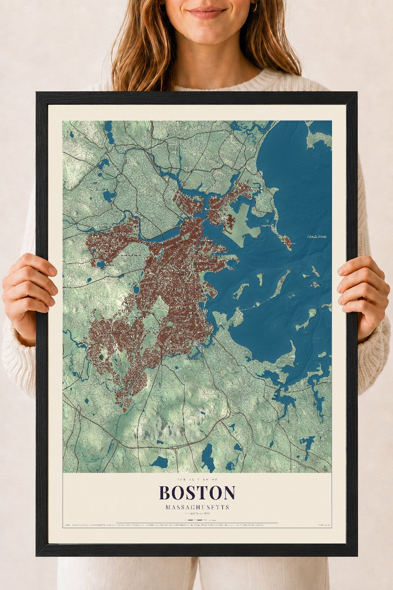 Boston, Massachusetts map print - 18 x 24 black Ayous wood frame