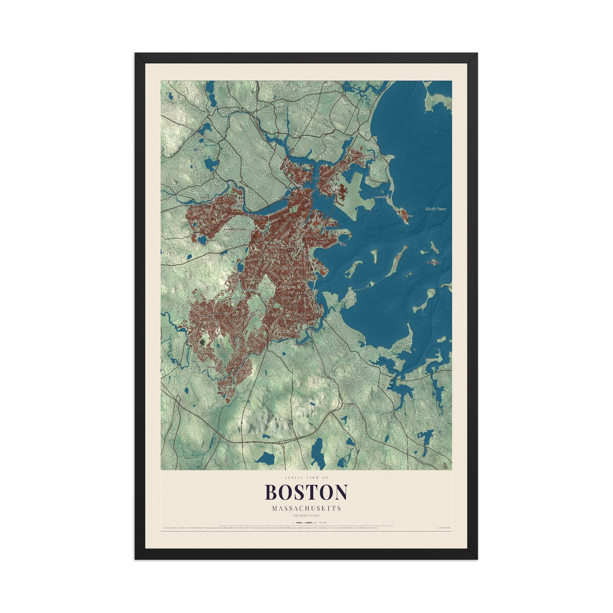 Map of Boston, Massachusetts, 12 x 18 inch print in a black wood frame