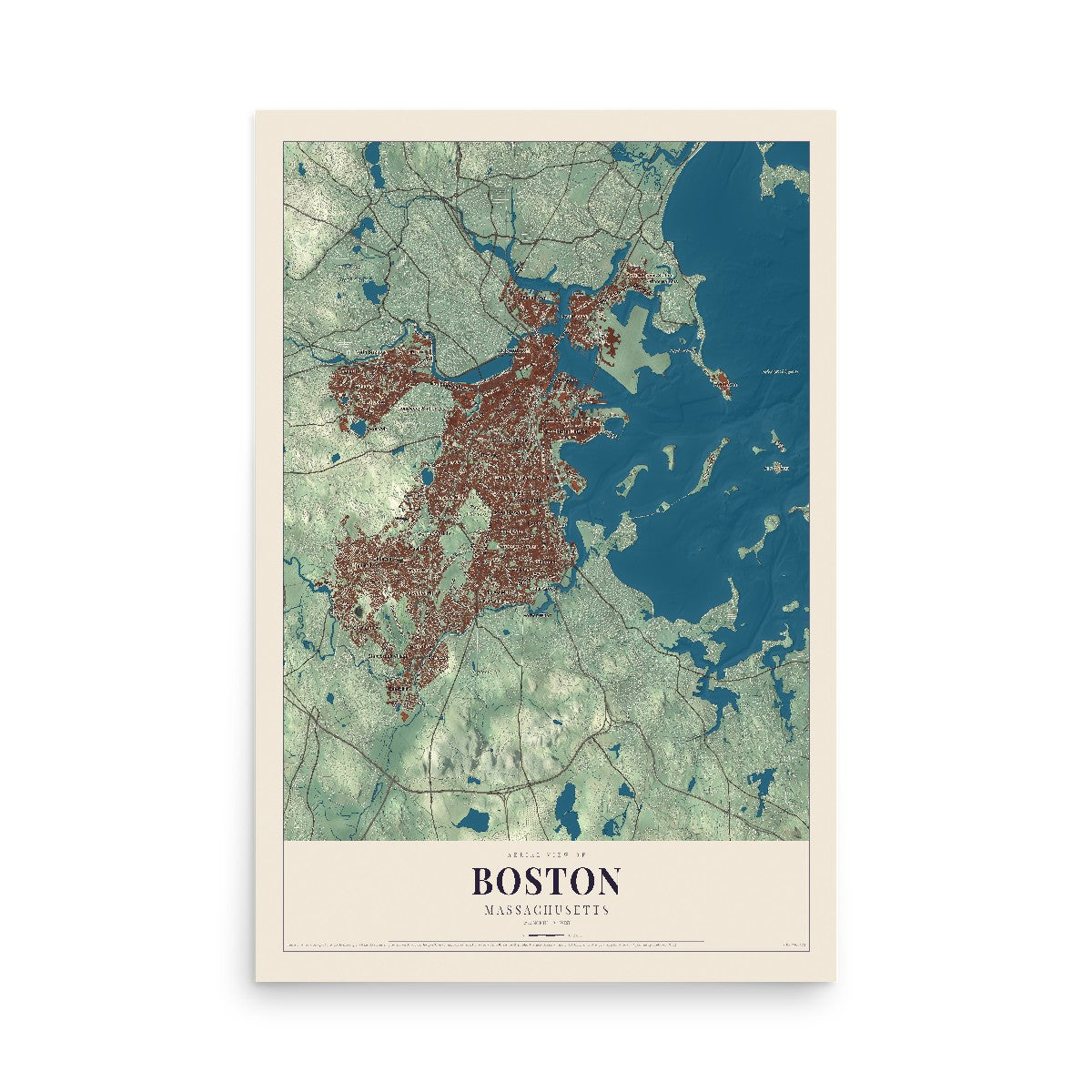 Map of Boston, Massachusetts, 12 x 18 inch unframed archival matte print