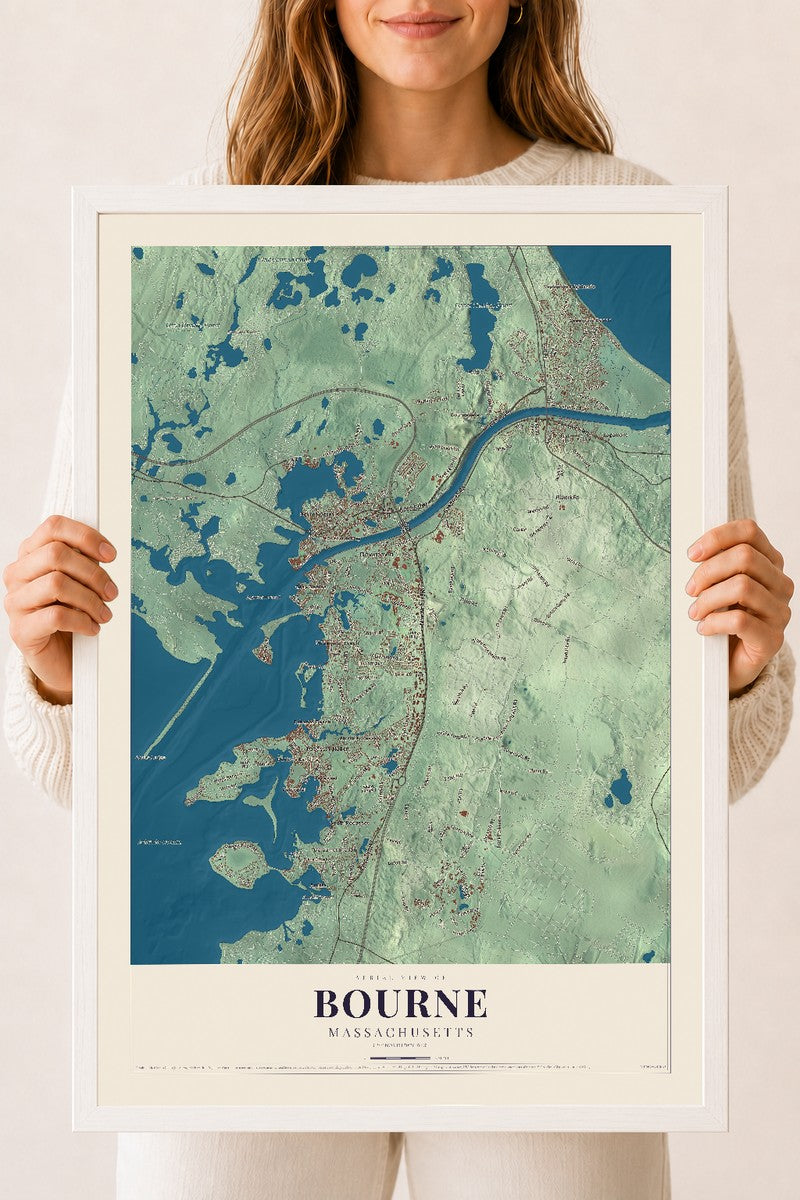 Bourne, Massachusetts map print - 18 x 24 white Ayous wood frame