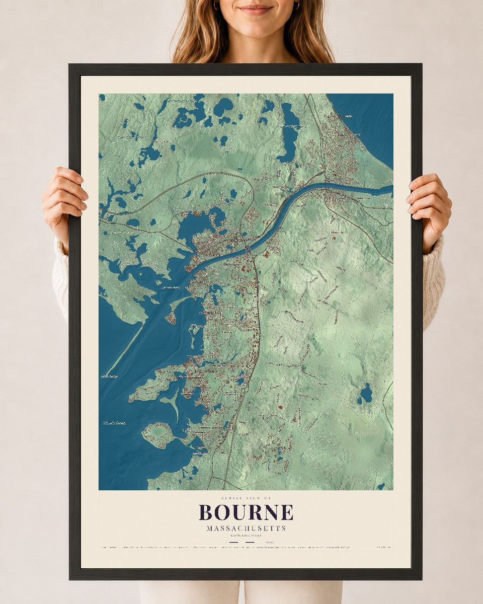 Bourne, Massachusetts map print - 24 x 36 black Ayous wood frame