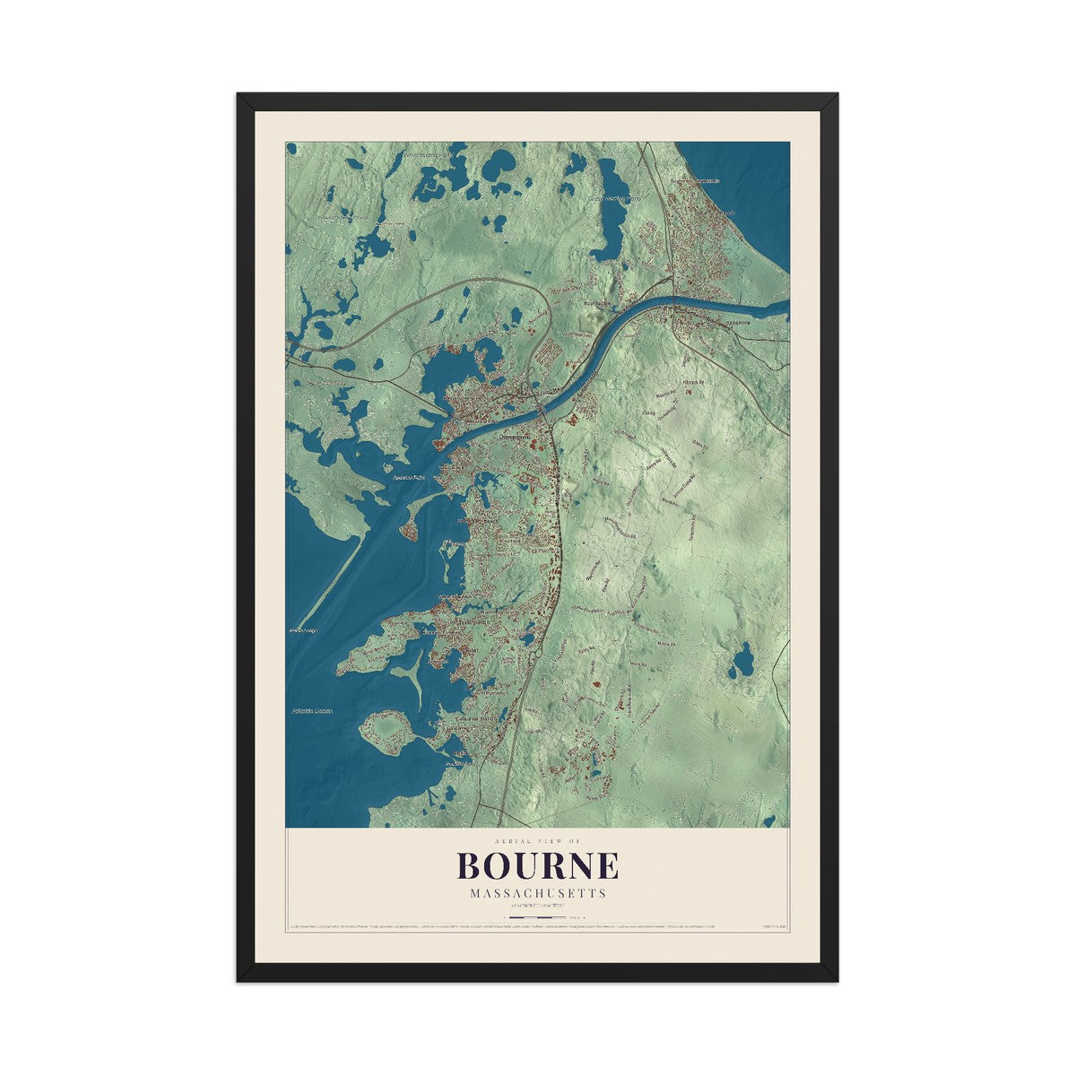 Map of Bourne, Massachusetts, 12 x 18 inch print in a black wood frame