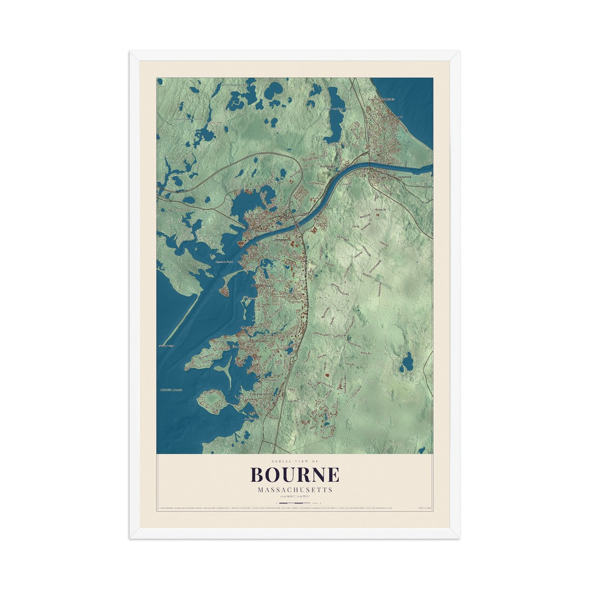 Map of Bourne, Massachusetts, 12 x 18 inch print in a white wood frame