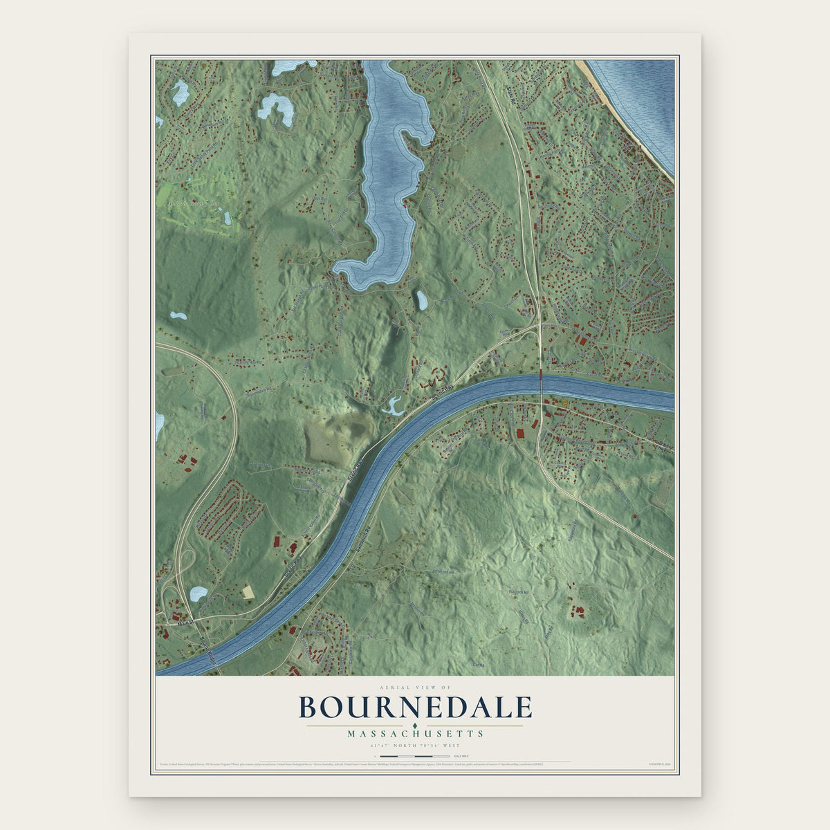 Bournedale, Massachusetts map print, the full design