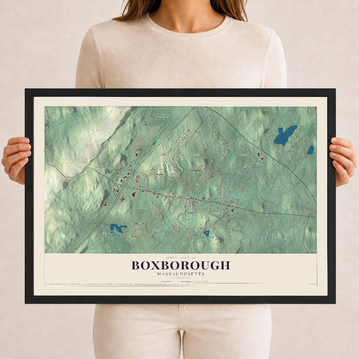 Boxborough, Massachusetts map print - 12 x 18 black Ayous wood frame