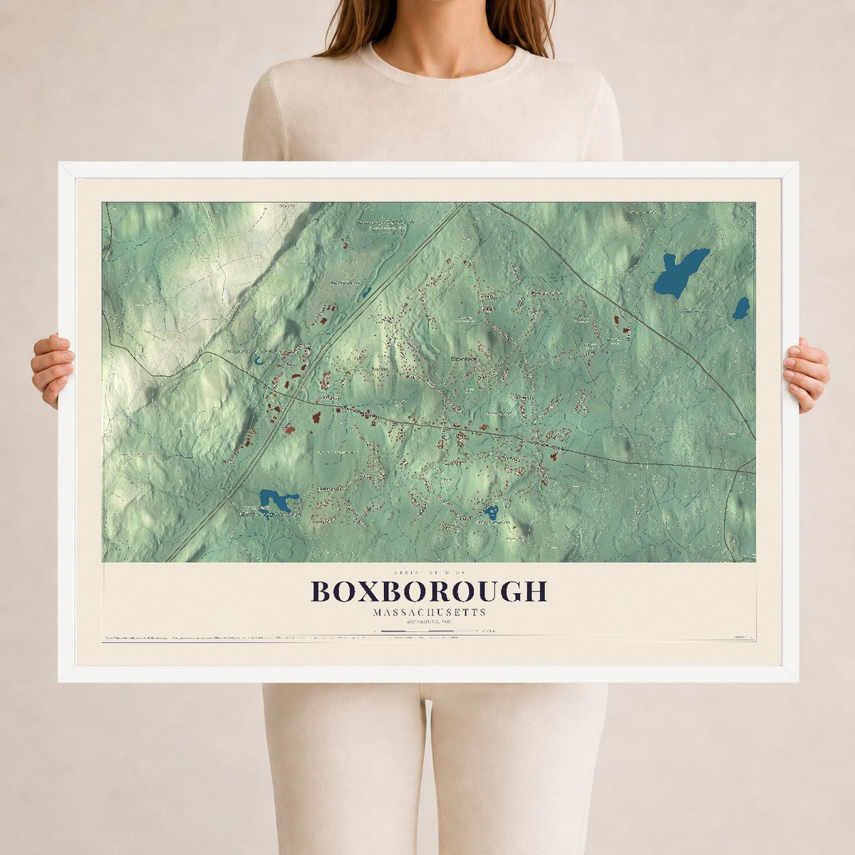 Boxborough, Massachusetts map print - 24 x 36 white Ayous wood frame