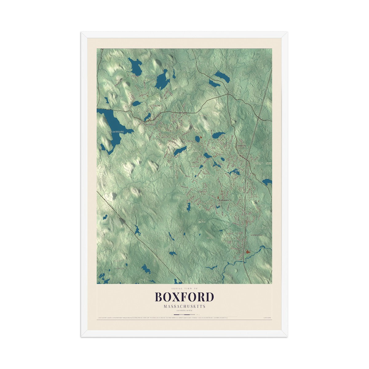 Map of Boxford, Massachusetts, 12 x 18 inch print in a white wood frame