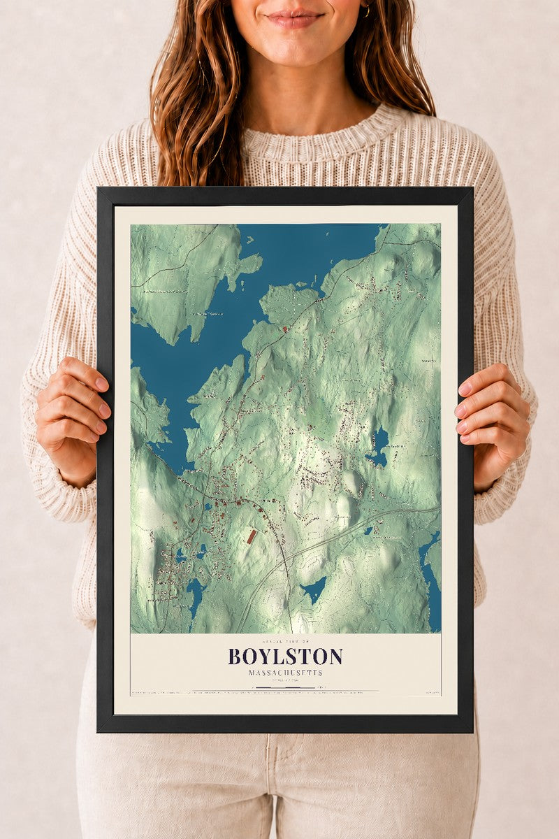 Boylston, Massachusetts map print - 12 x 18 black Ayous wood frame