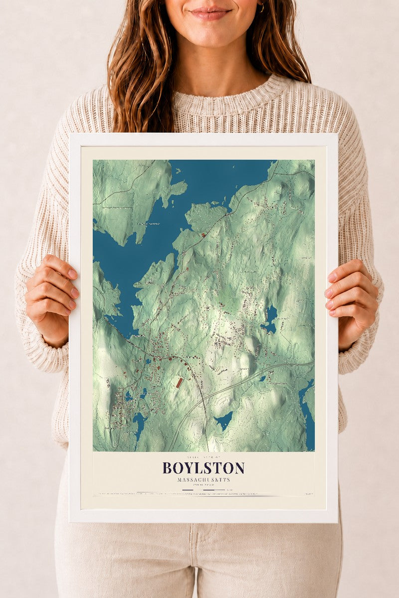 Boylston, Massachusetts map print - 12 x 18 white Ayous wood frame