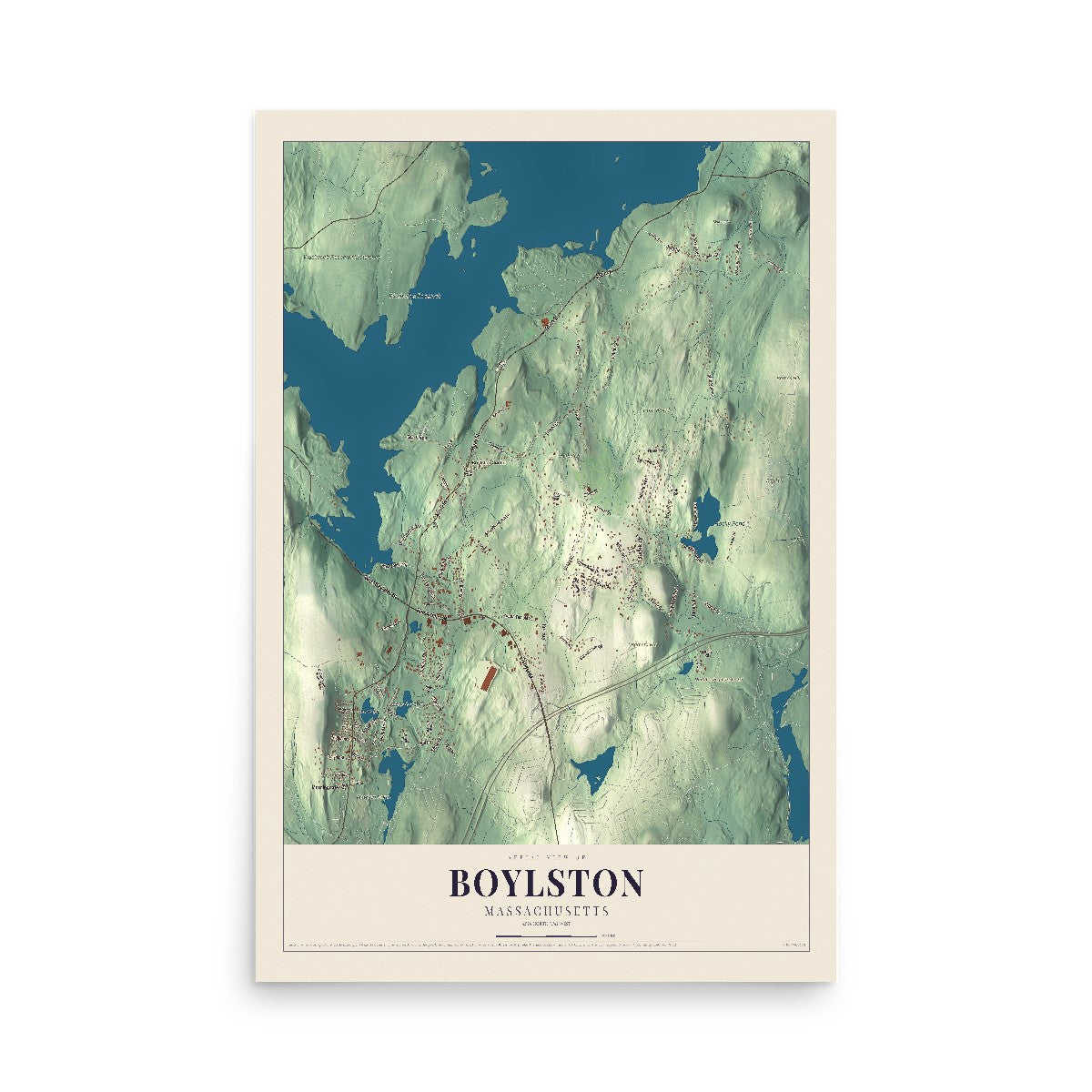 Map of Boylston, Massachusetts, 12 x 18 inch unframed archival matte print