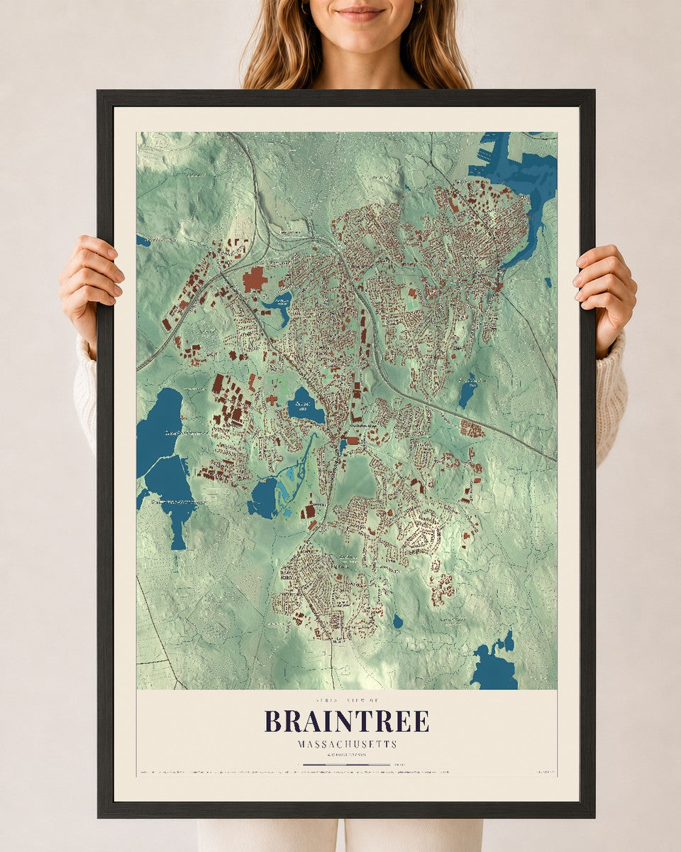 Braintree, Massachusetts map print - 24 x 36 black Ayous wood frame