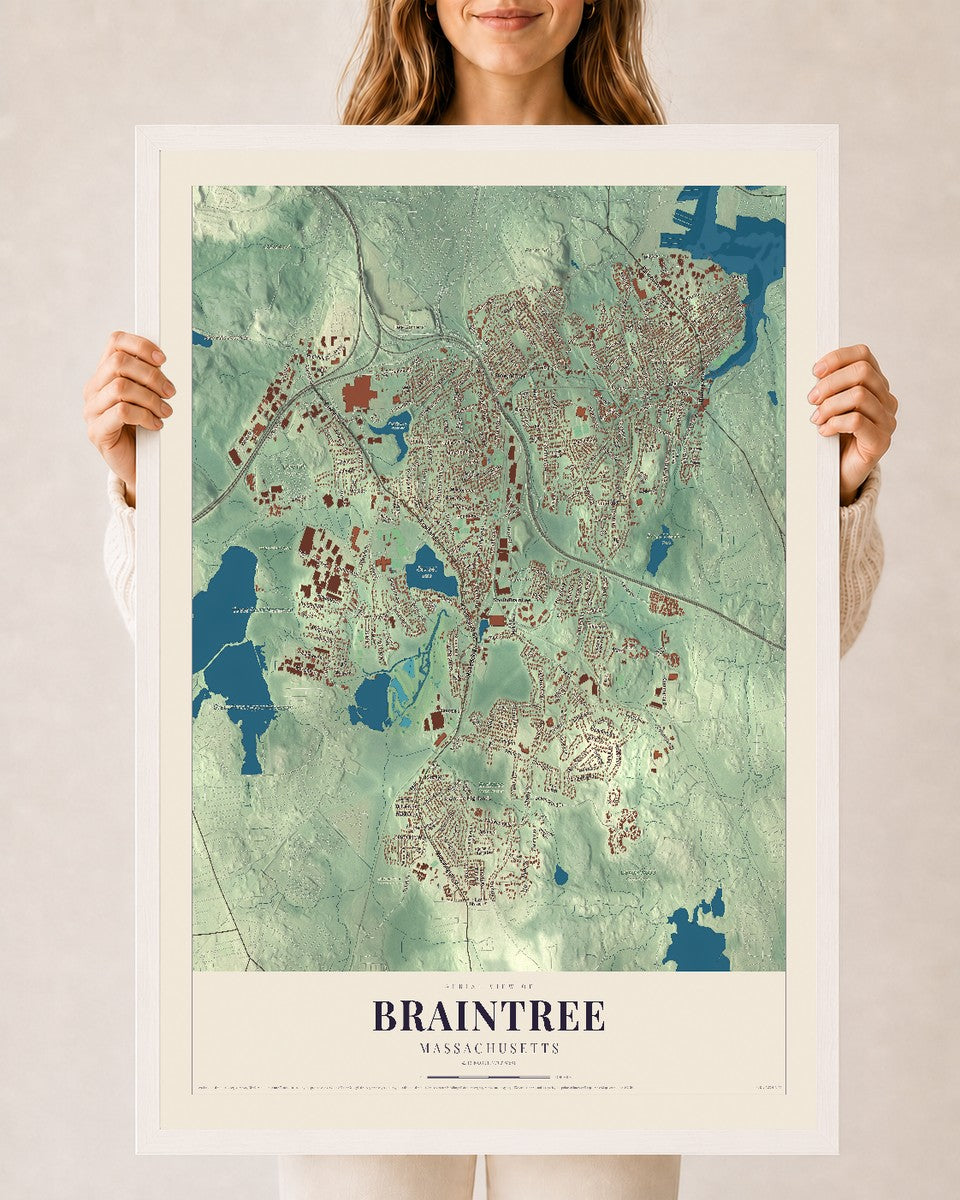 Braintree, Massachusetts map print - 24 x 36 white Ayous wood frame