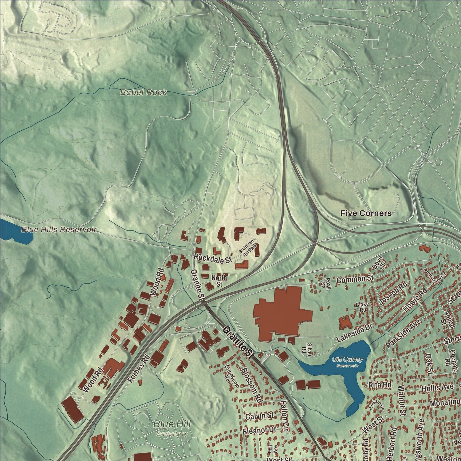 Terrain and local geography detail from the Braintree, Massachusetts map