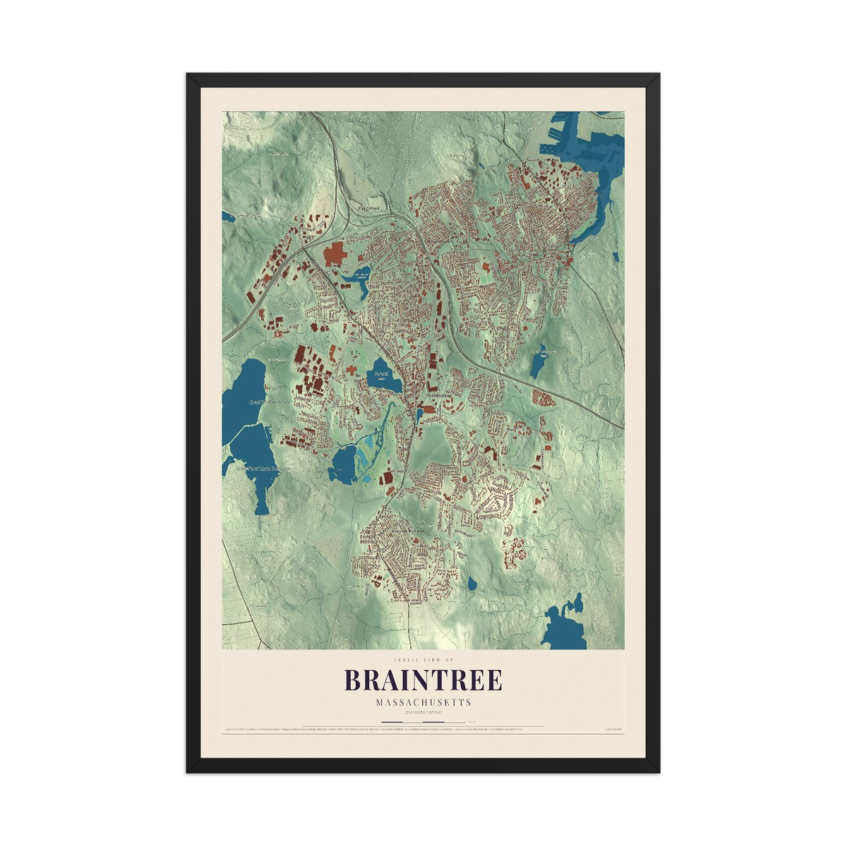 Map of Braintree, Massachusetts, 12 x 18 inch print in a black wood frame