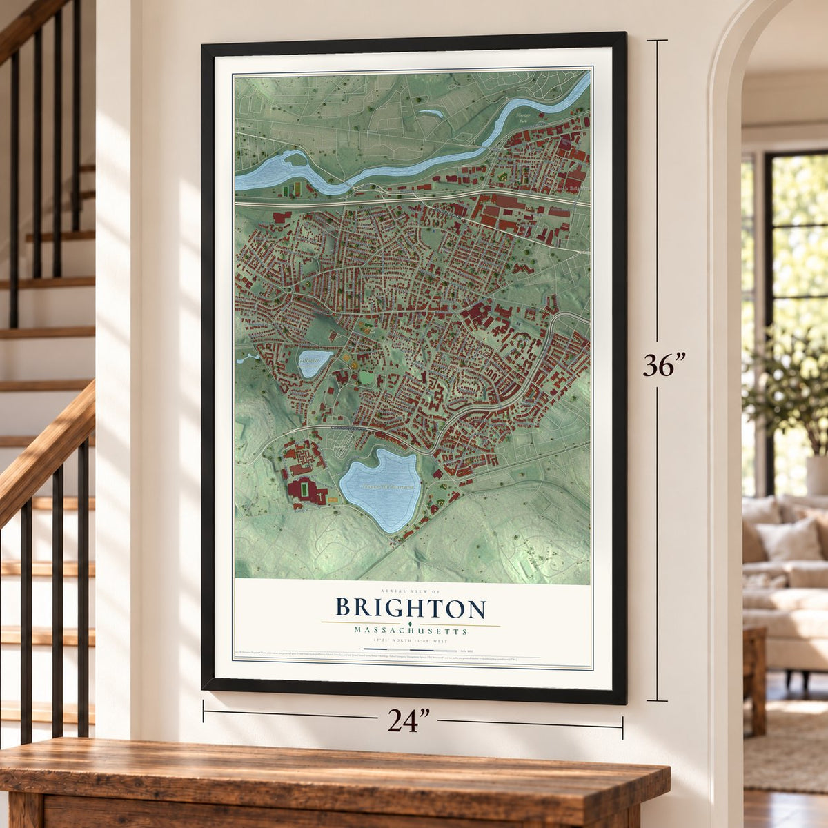 Brighton, Massachusetts map, 24 x 36 inch print in a black frame by a staircase