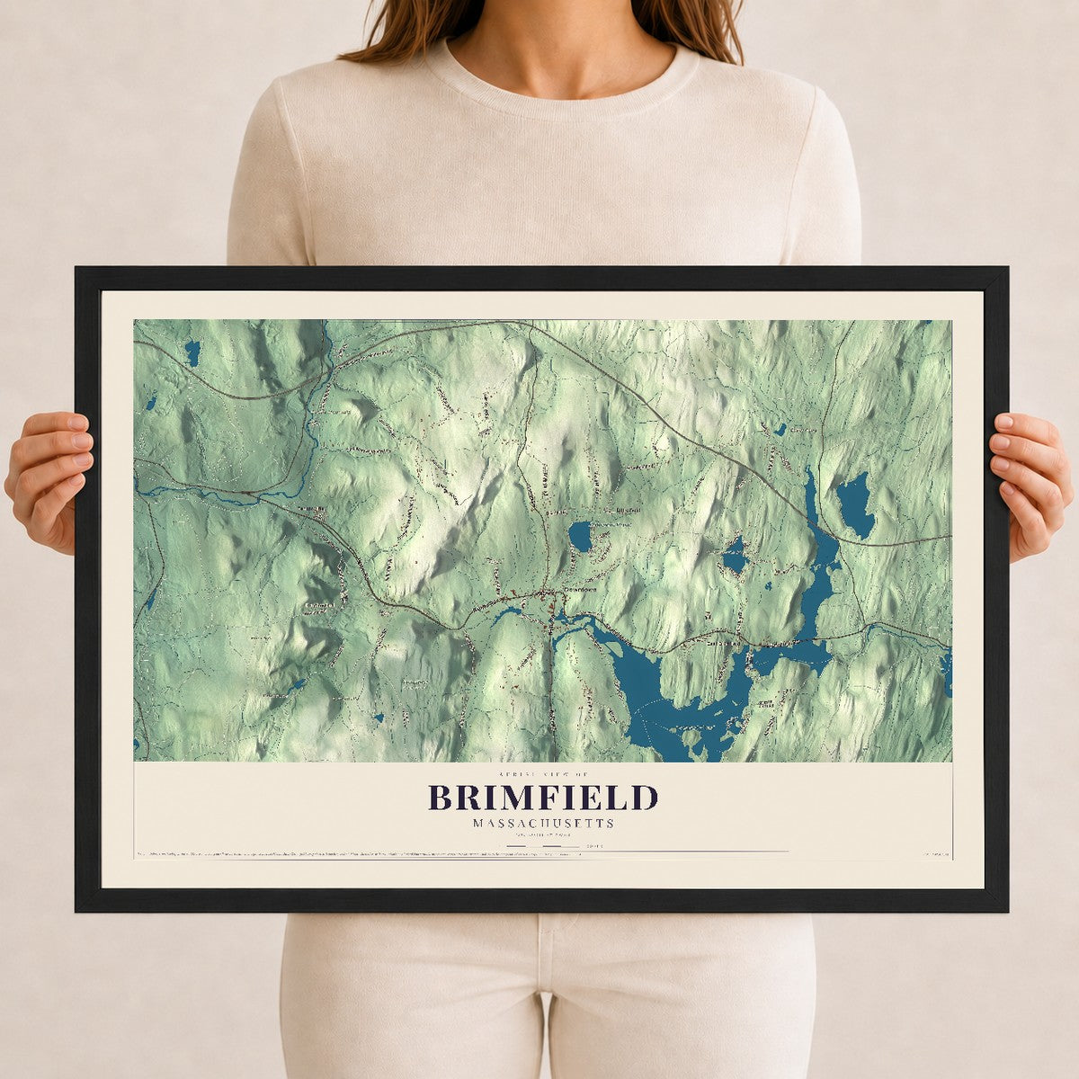 Brimfield, Massachusetts map print - 12 x 18 black Ayous wood frame