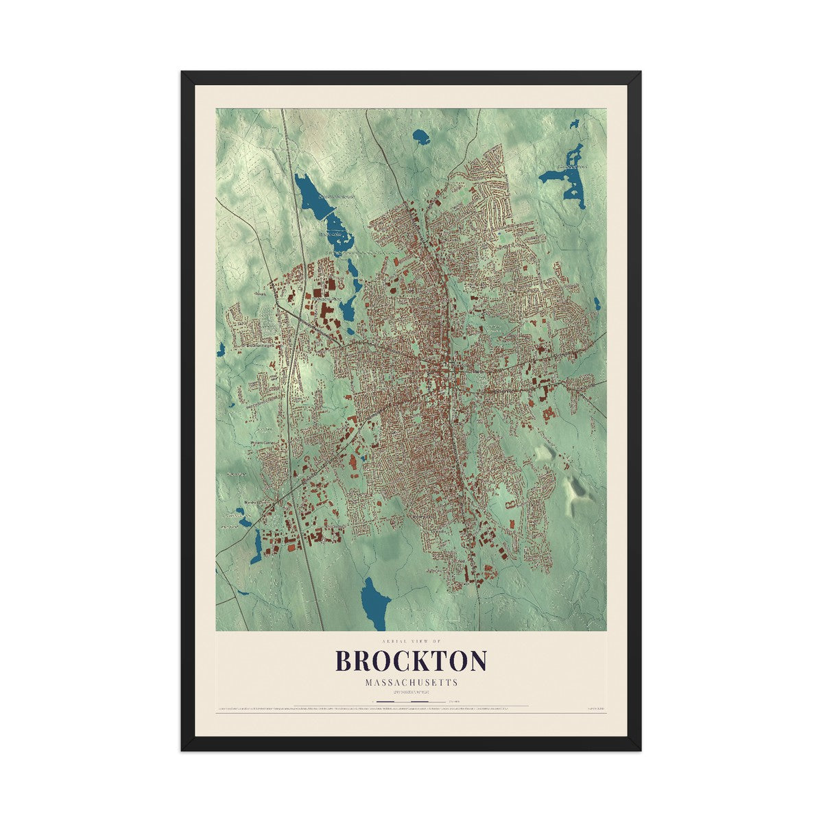 Map of Brockton, Massachusetts, 12 x 18 inch print in a black wood frame