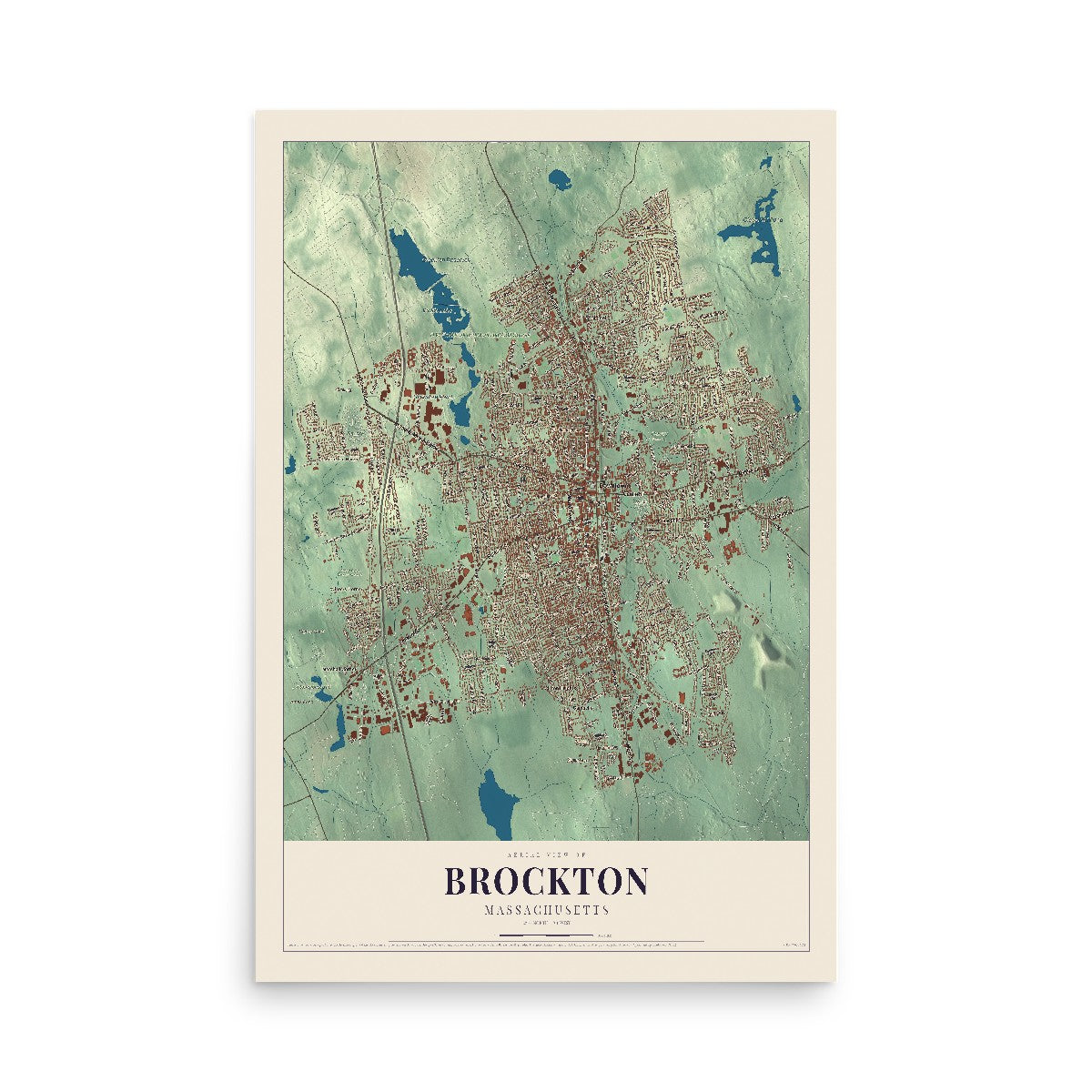 Map of Brockton, Massachusetts, 12 x 18 inch unframed archival matte print