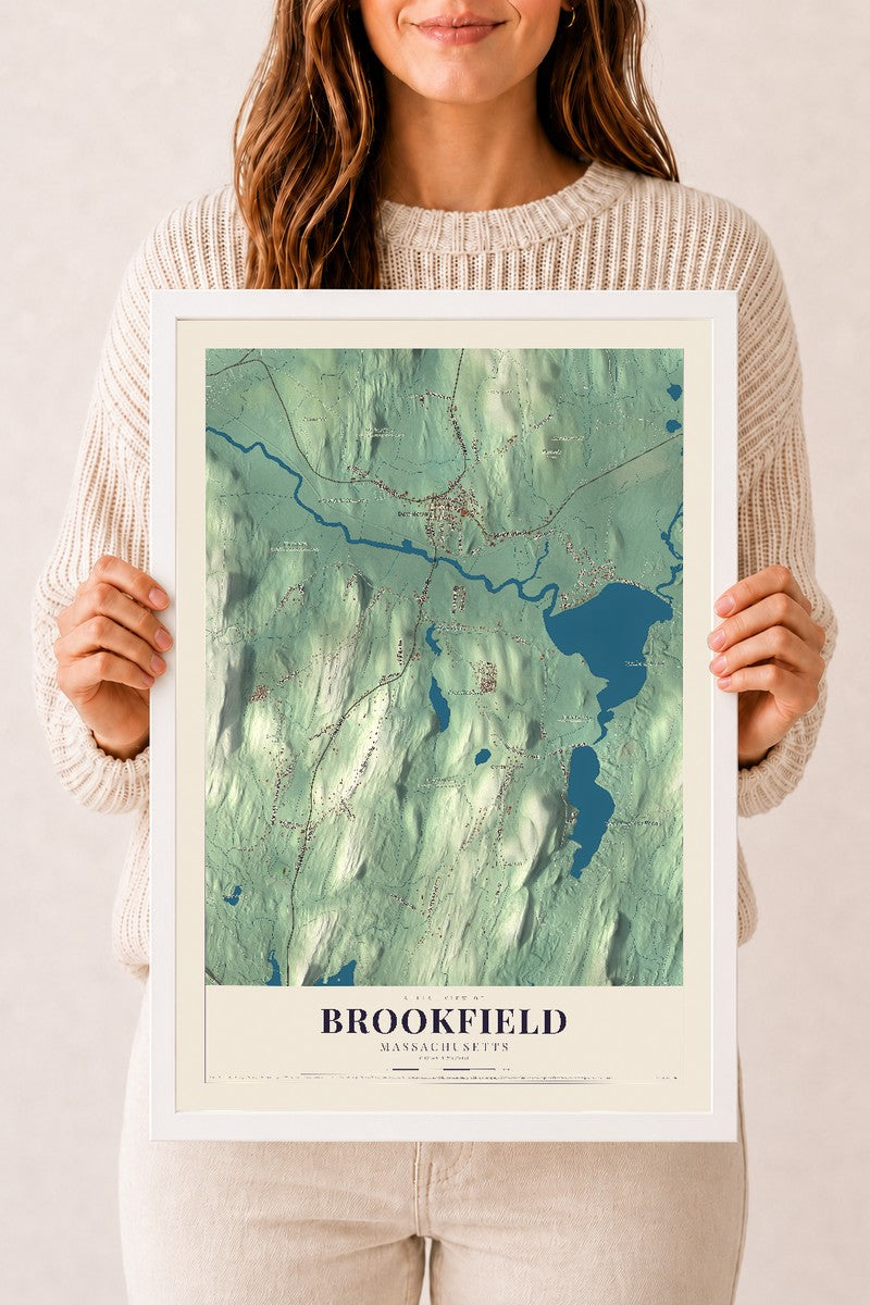 Brookfield, Massachusetts map print - 12 x 18 white Ayous wood frame