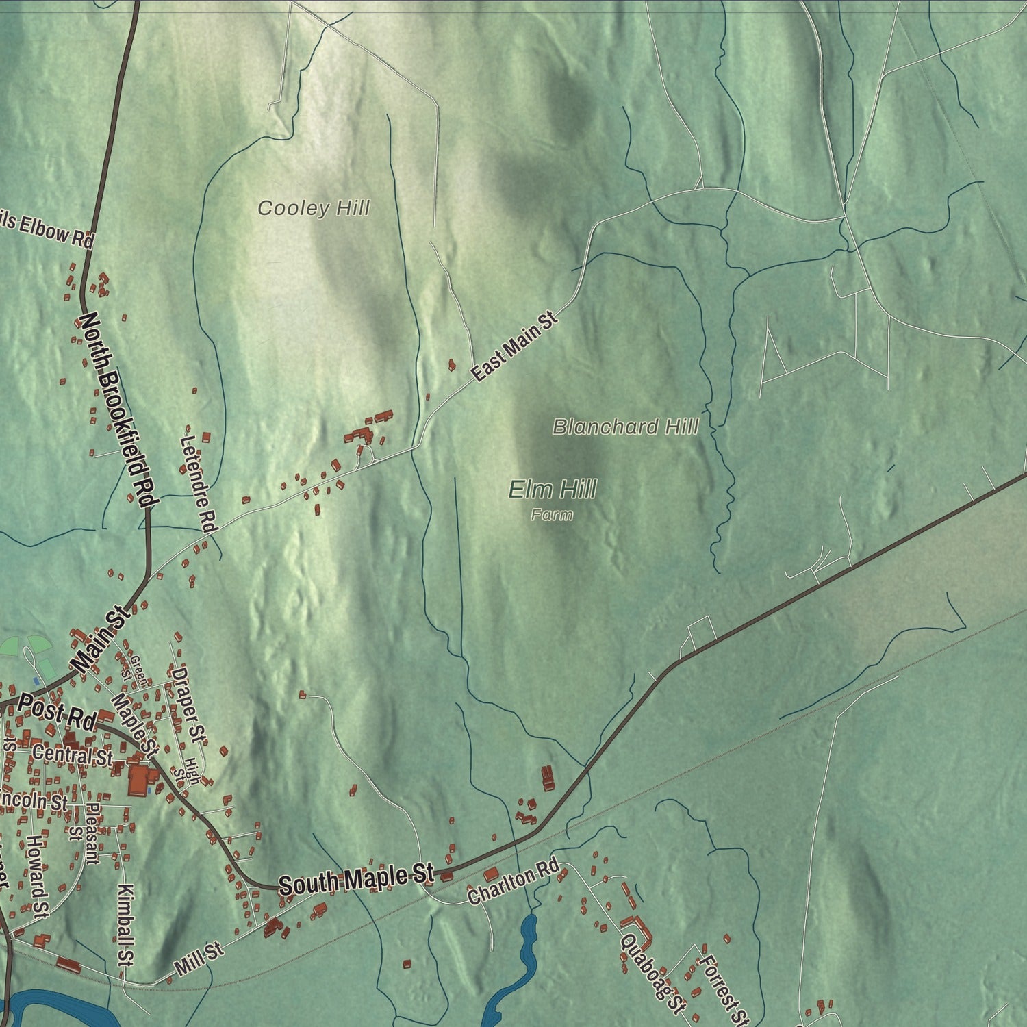 Terrain and local geography detail from the Brookfield, Massachusetts map