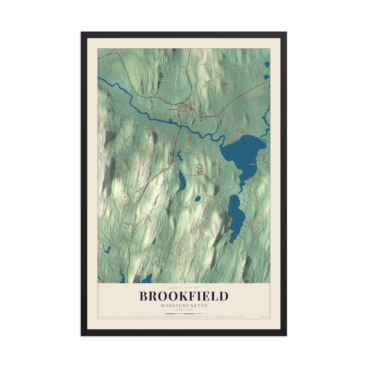 Map of Brookfield, Massachusetts, 12 x 18 inch print in a black wood frame