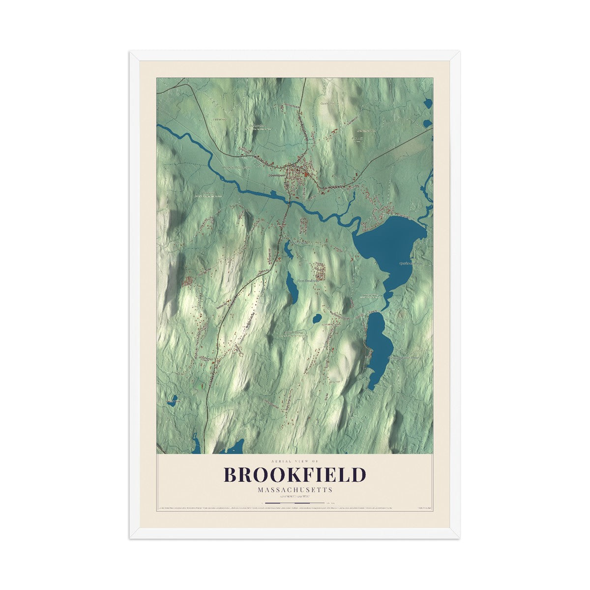 Map of Brookfield, Massachusetts, 12 x 18 inch print in a white wood frame