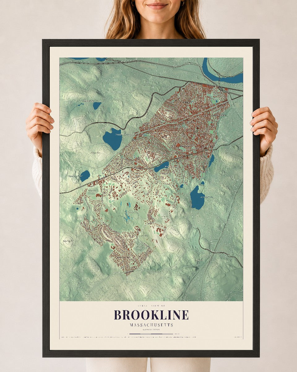 Brookline, Massachusetts map print - 24 x 36 black Ayous wood frame