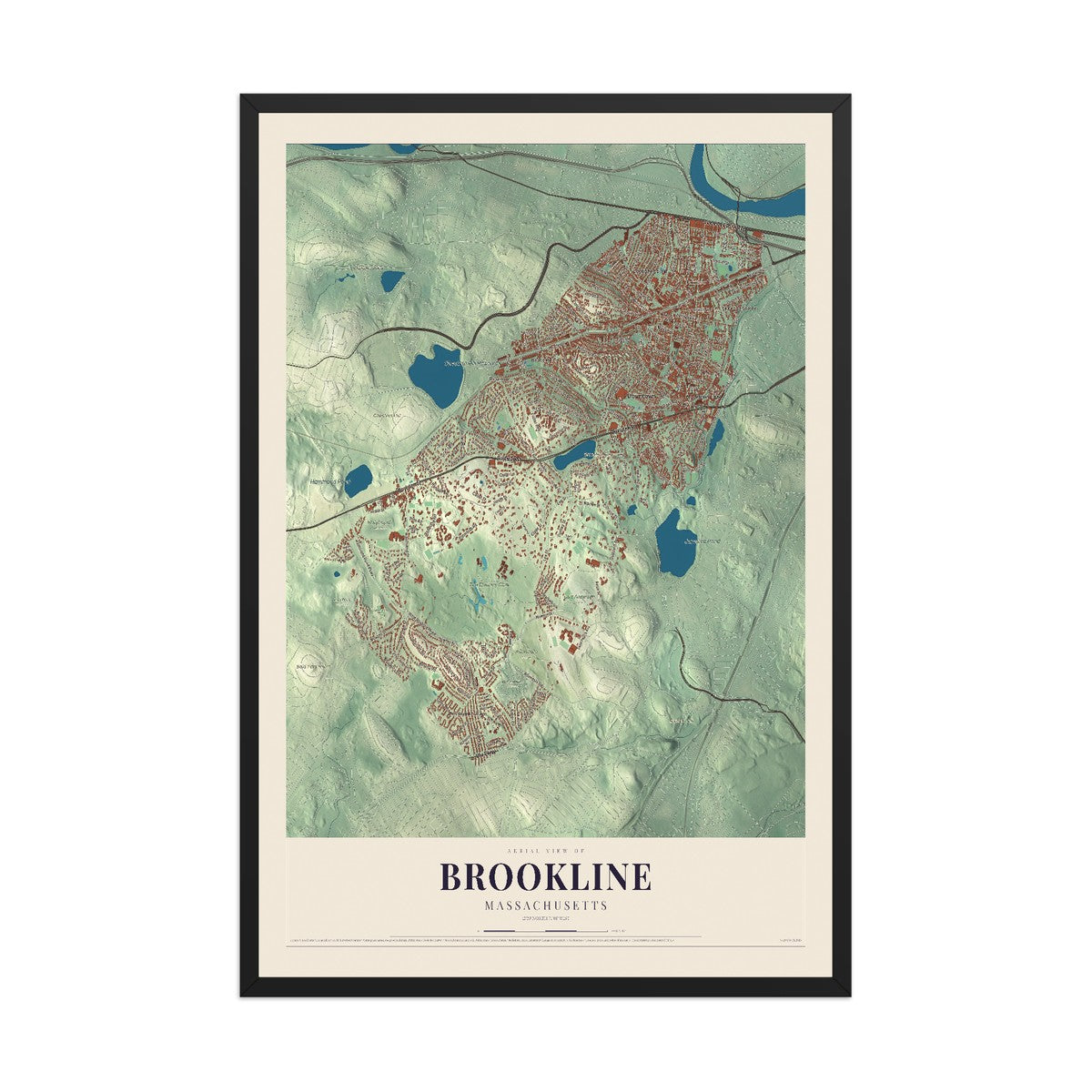 Map of Brookline, Massachusetts, 12 x 18 inch print in a black wood frame