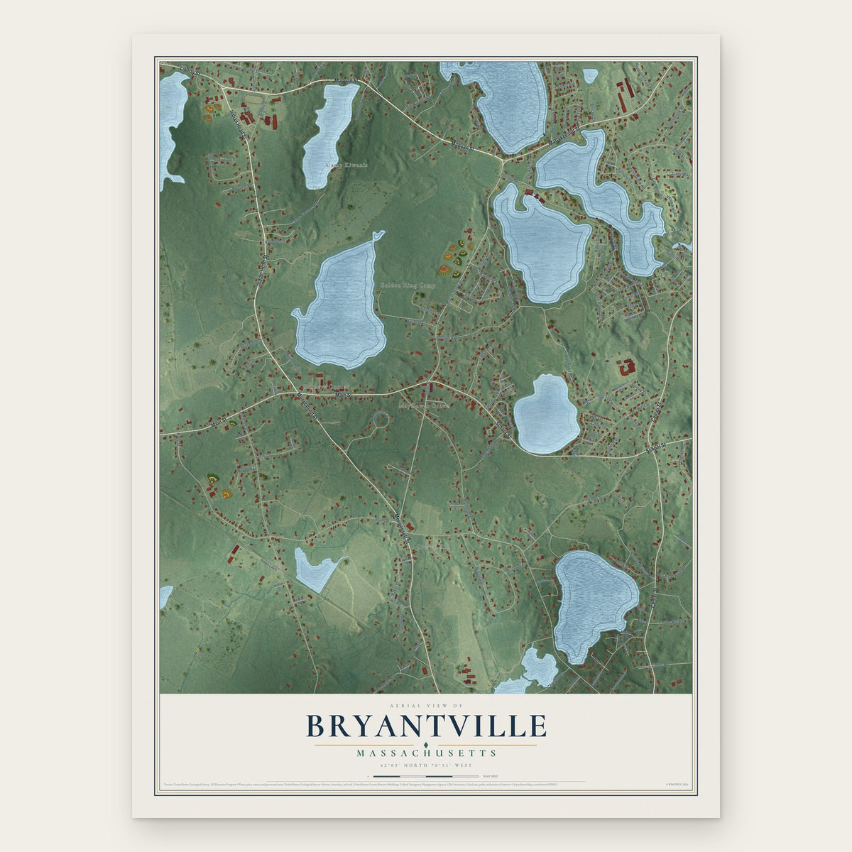 Bryantville, Massachusetts map print, the full design
