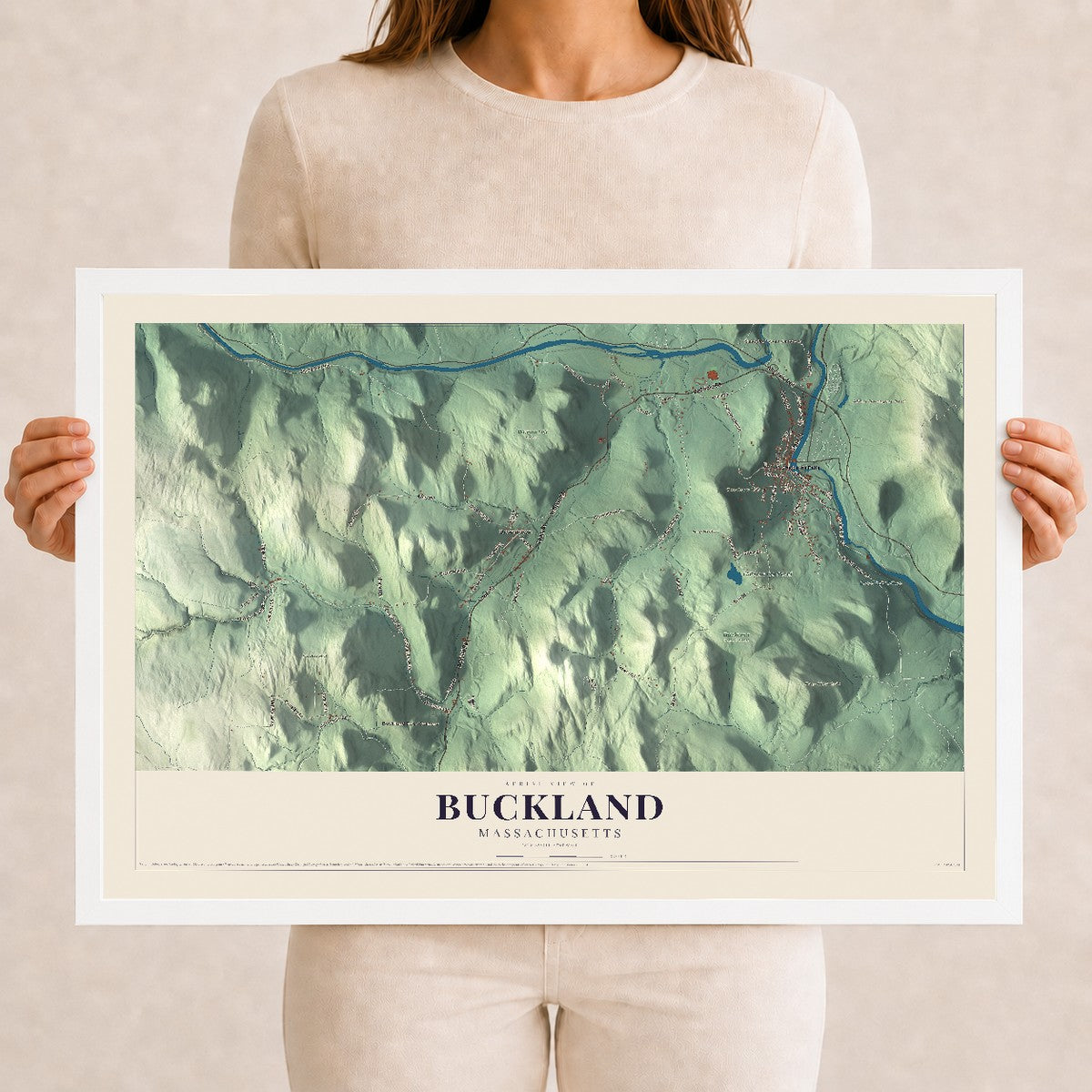 Buckland, Massachusetts map print - 12 x 18 white Ayous wood frame
