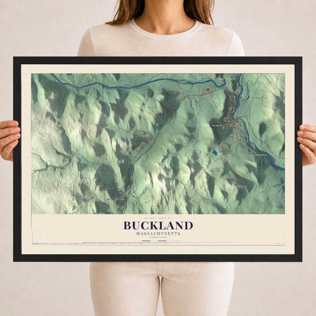 Buckland, Massachusetts map print - 18 x 24 black Ayous wood frame