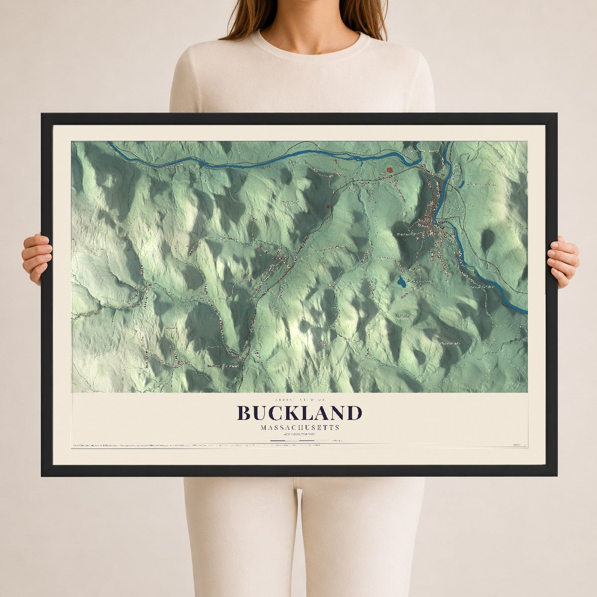 Buckland, Massachusetts map print - 24 x 36 black Ayous wood frame