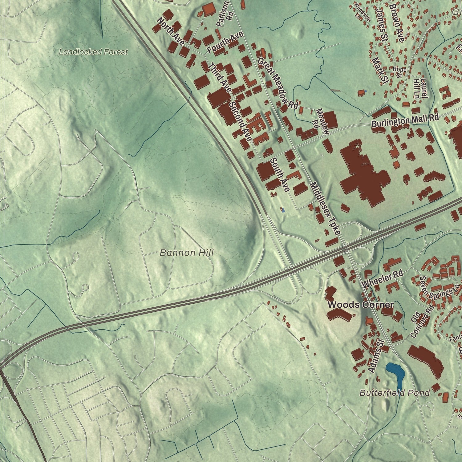 Terrain and local geography detail from the Burlington, Massachusetts map