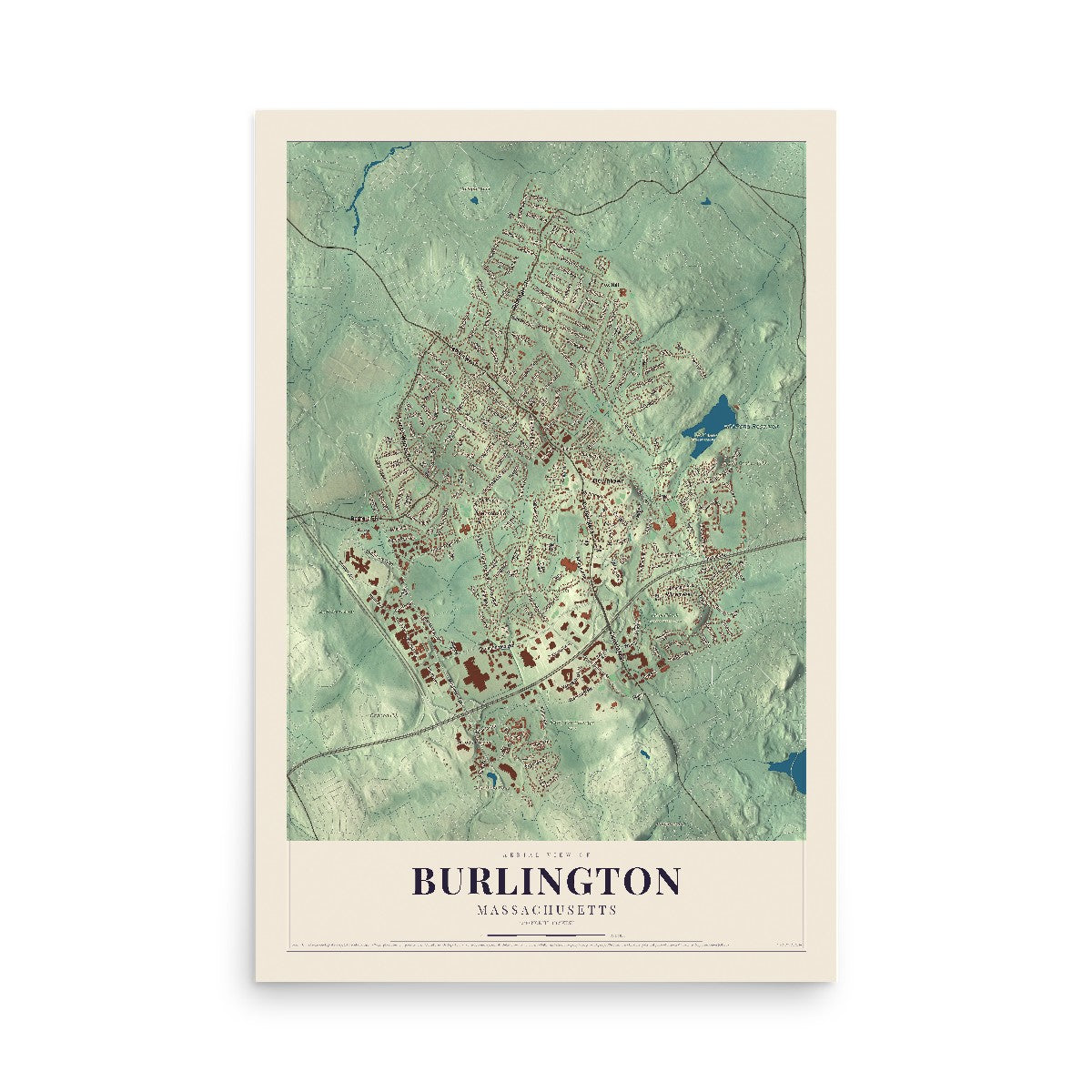 Map of Burlington, Massachusetts, 12 x 18 inch unframed archival matte print