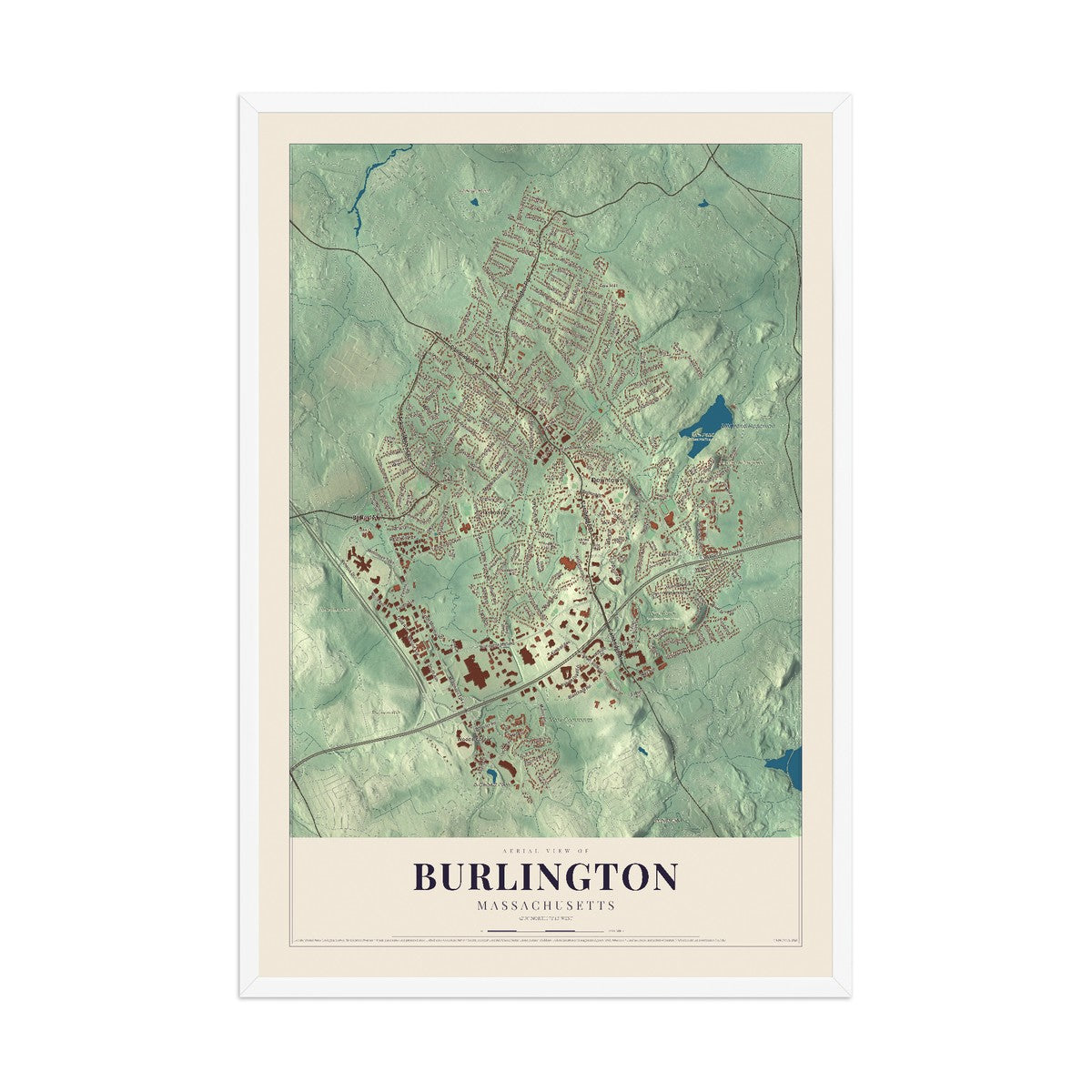 Map of Burlington, Massachusetts, 12 x 18 inch print in a white wood frame
