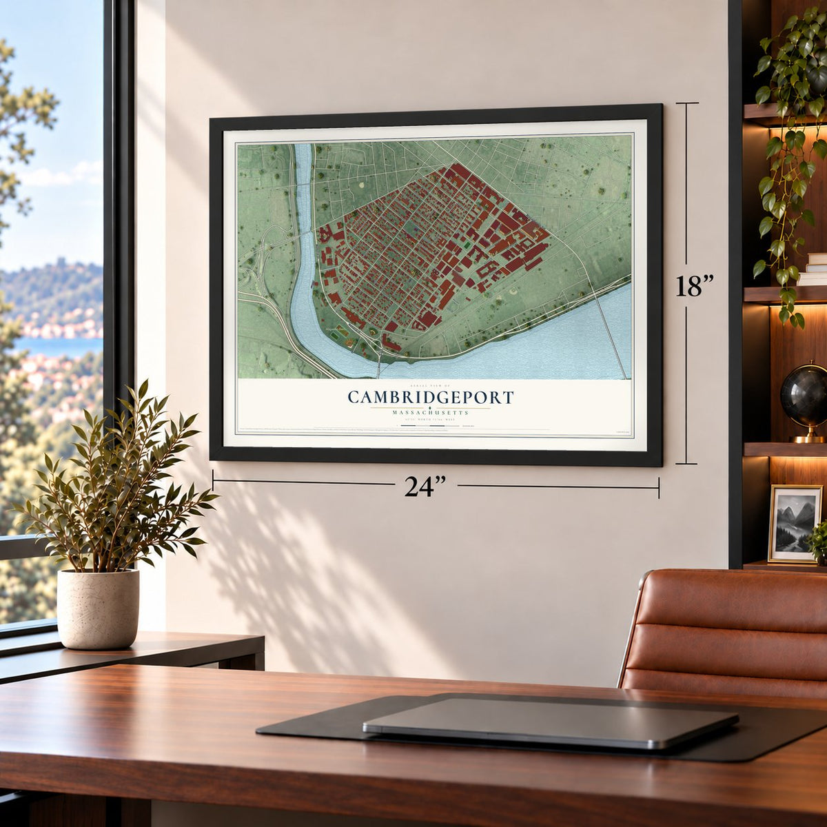 Cambridgeport, Massachusetts map, 18 x 24 inch print in a black frame in a home office