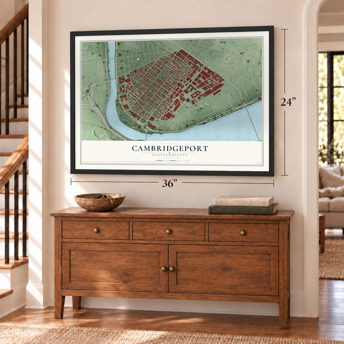 Cambridgeport, Massachusetts map, 24 x 36 inch print in a black frame above a dresser by a staircase